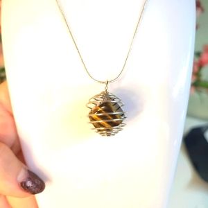 GORGEOUS TIGER EYE Crystal 🔮 wrapped in wire with silver chain. Handmade.